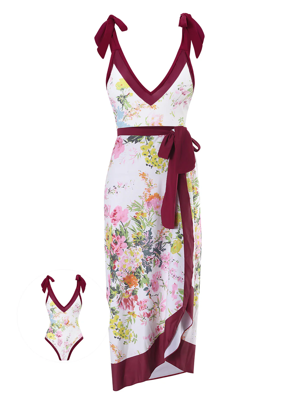 V-Neck Flowers Lacing Swimsuit & Cover Up
