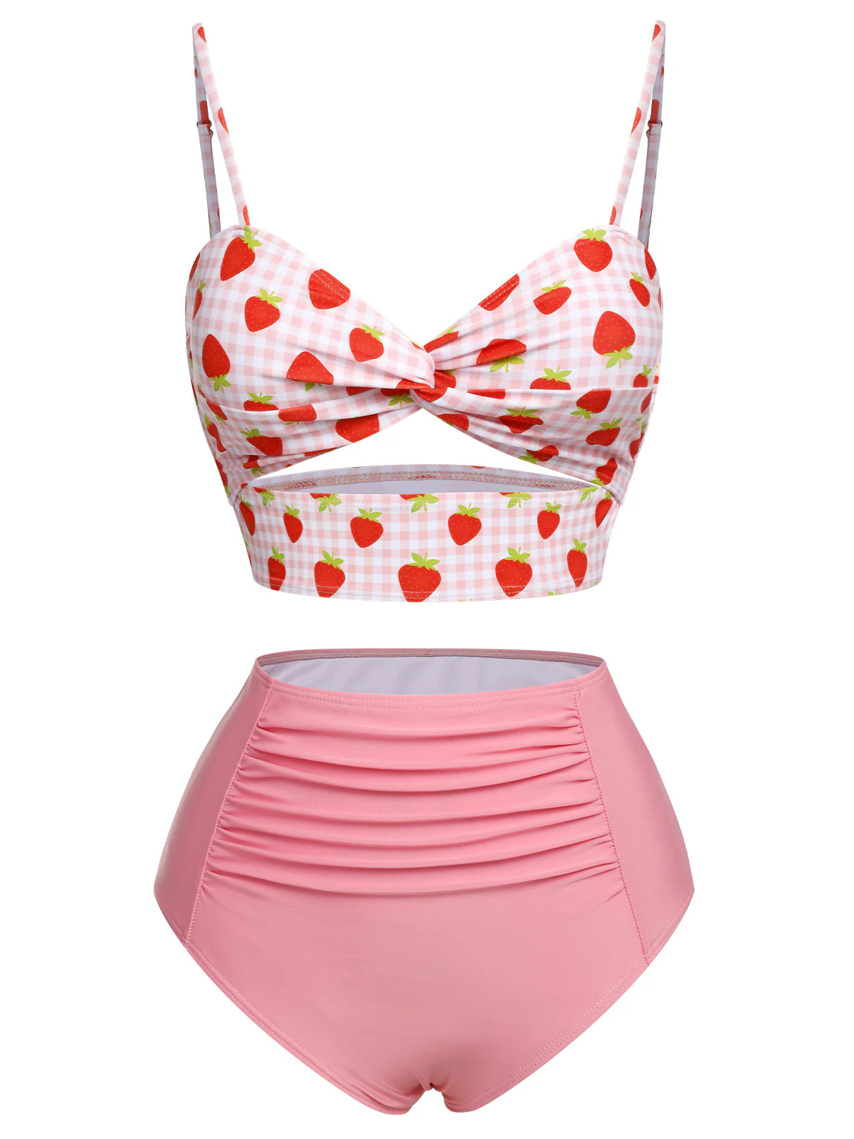 Pink Strawberry Plaid Halter Swimsuit