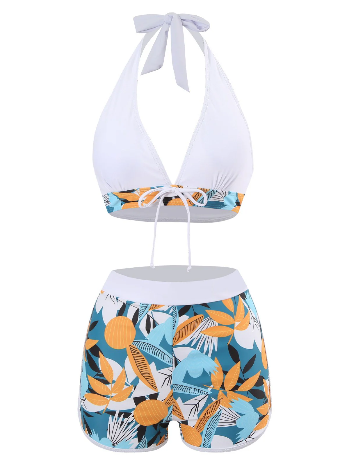 V-Neck Tropical Plants Halter Swimsuit