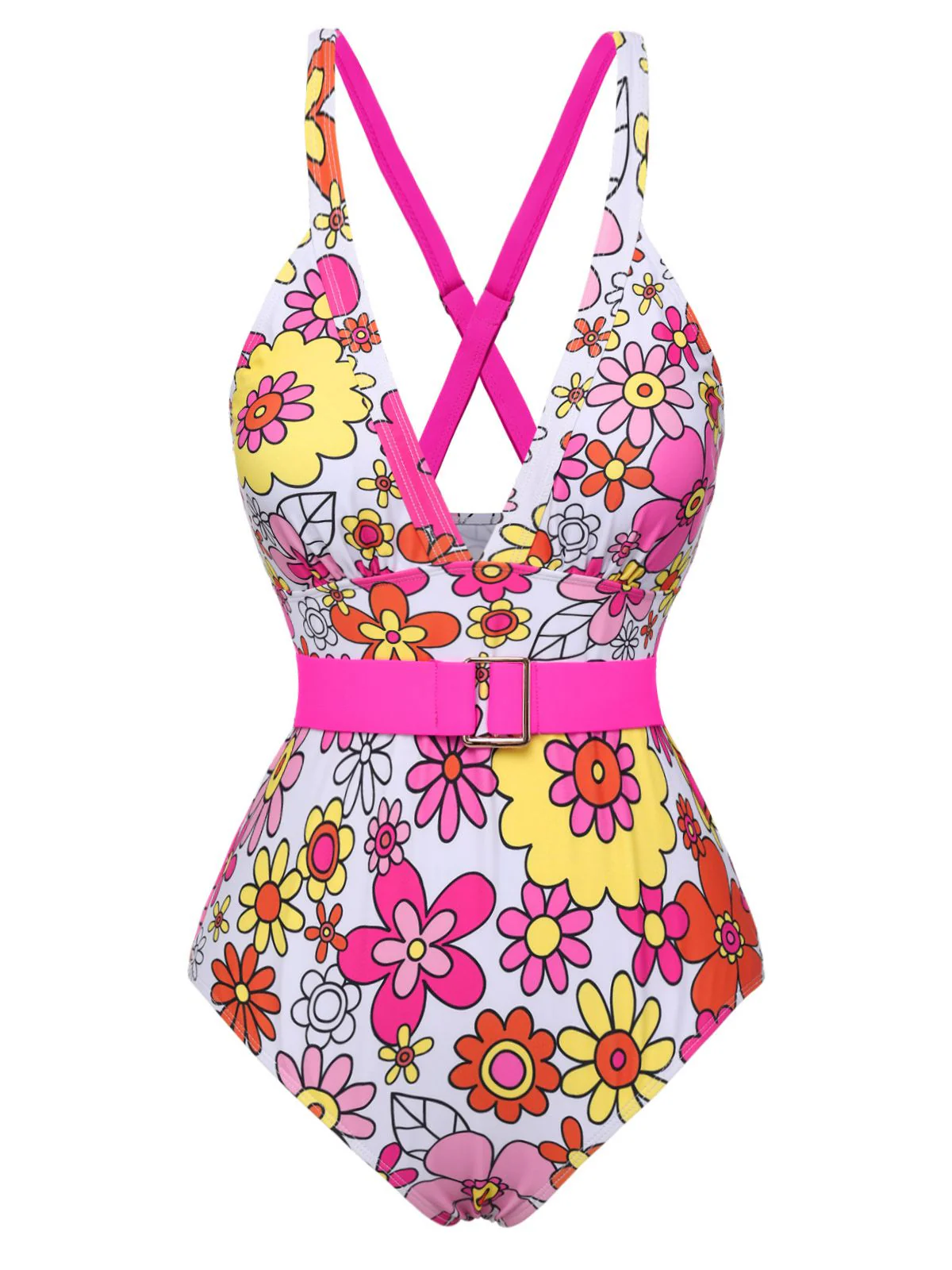 Flowers Back-Cross Strap Belt Swimsuit