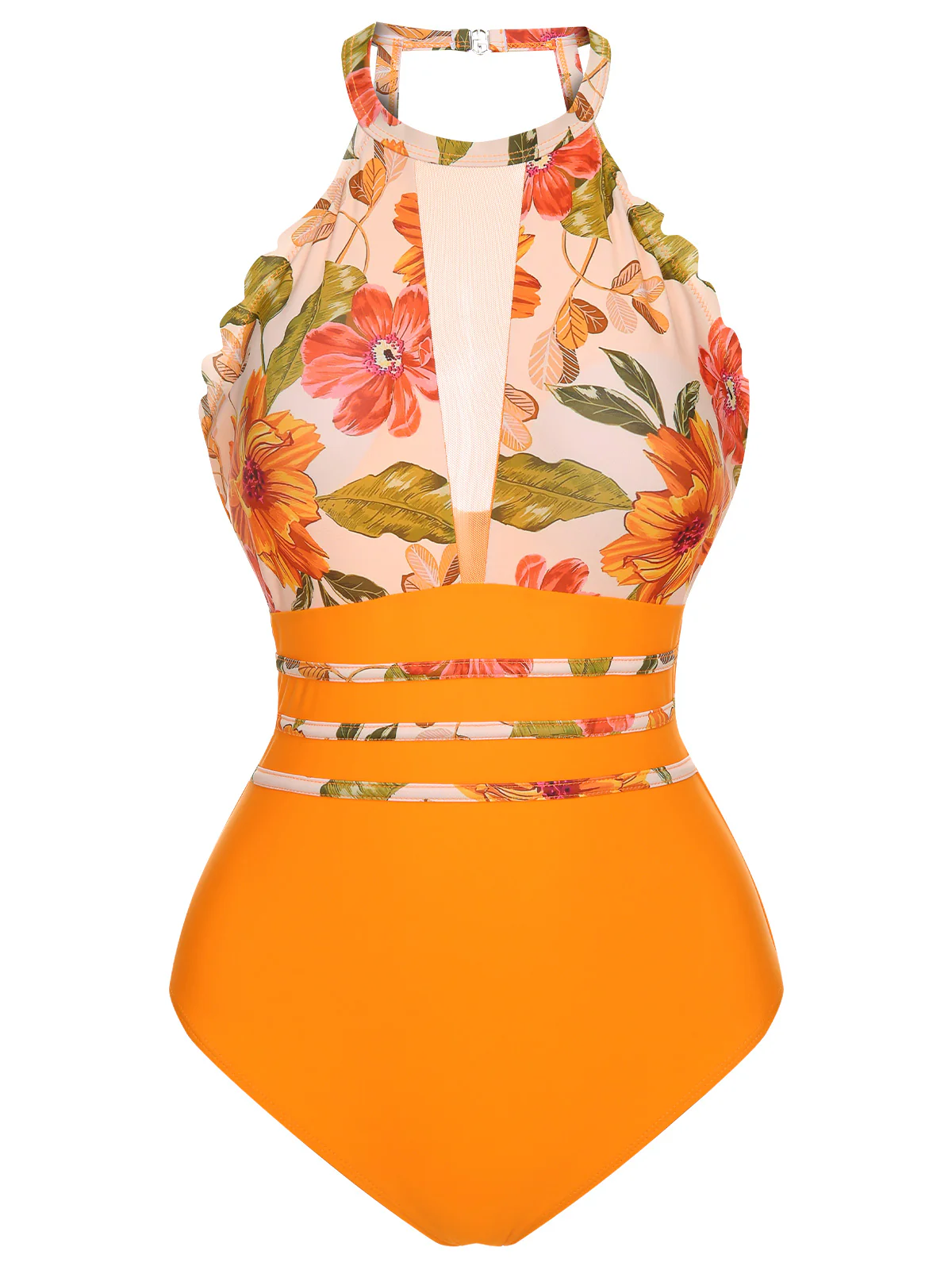 Orange Halter Floral One-Piece Swimsuit