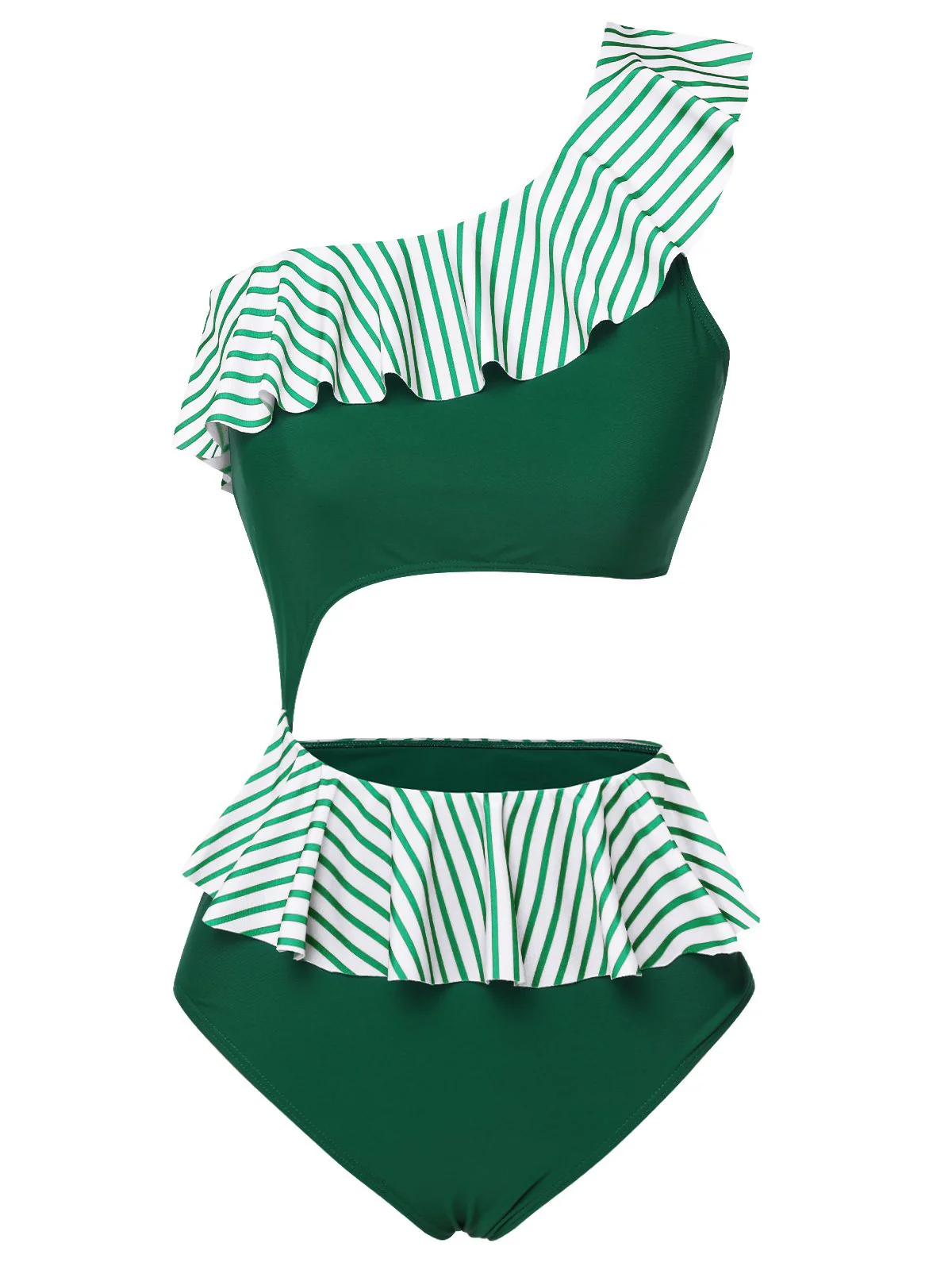 Dark Green Striped Ruffled Swimsuit