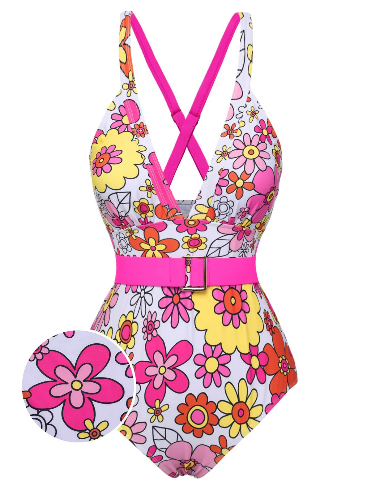 Flowers Back-Cross Strap Belt Swimsuit