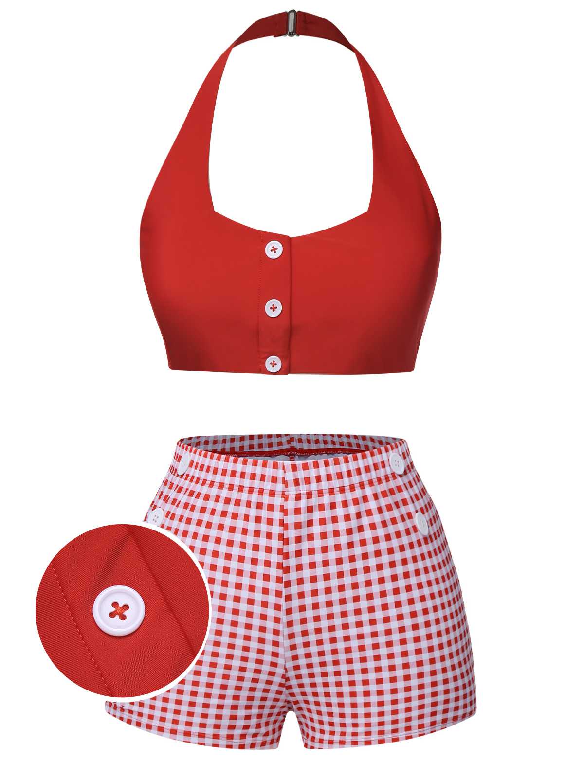 Red Halter Plaids Swimsuit