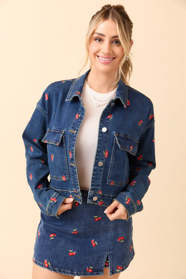 Cherry Embroidered Stretch Denim Jacket