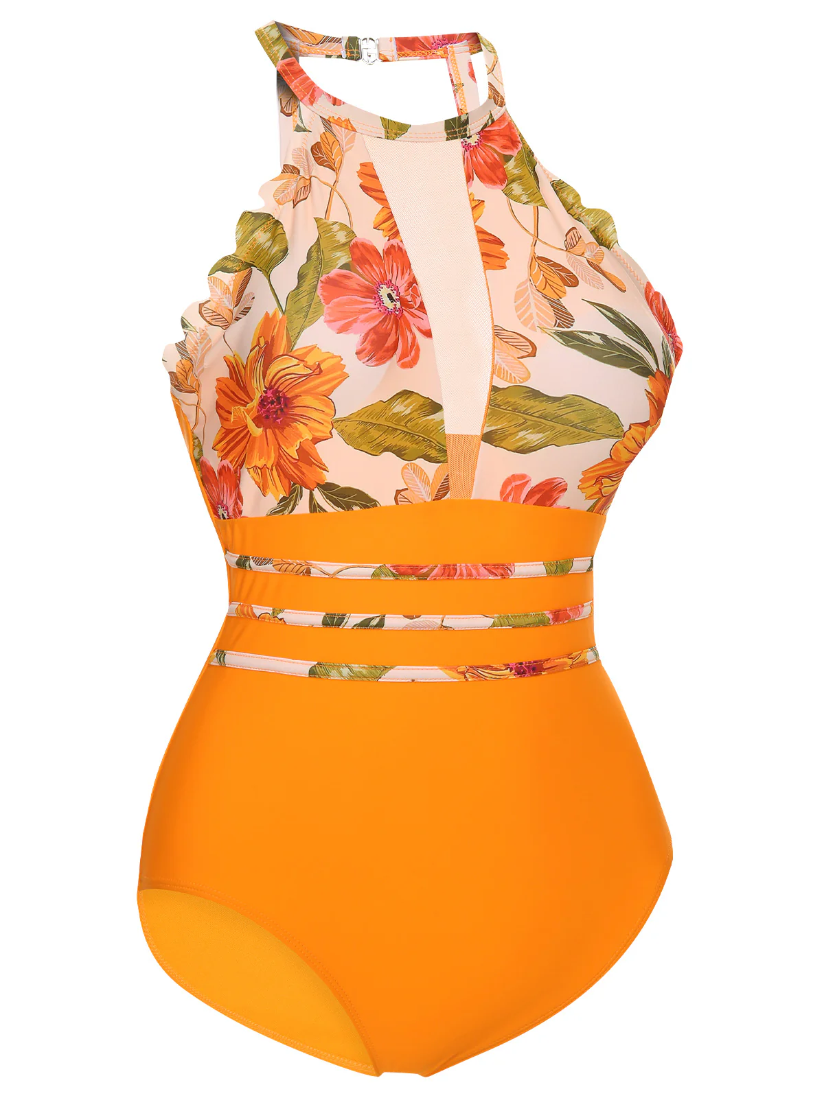 Orange Halter Floral One-Piece Swimsuit