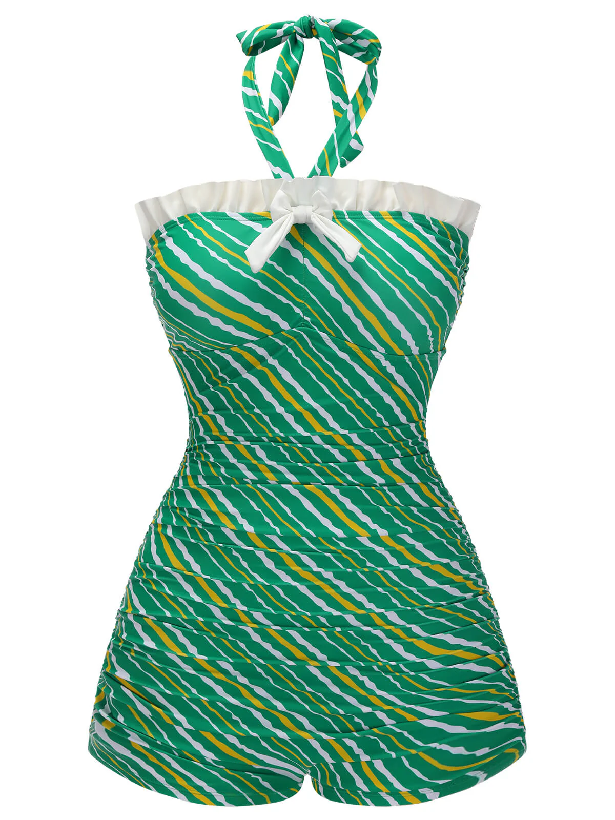 Green Stripe Off-Shoulder Halter Swimsuit
