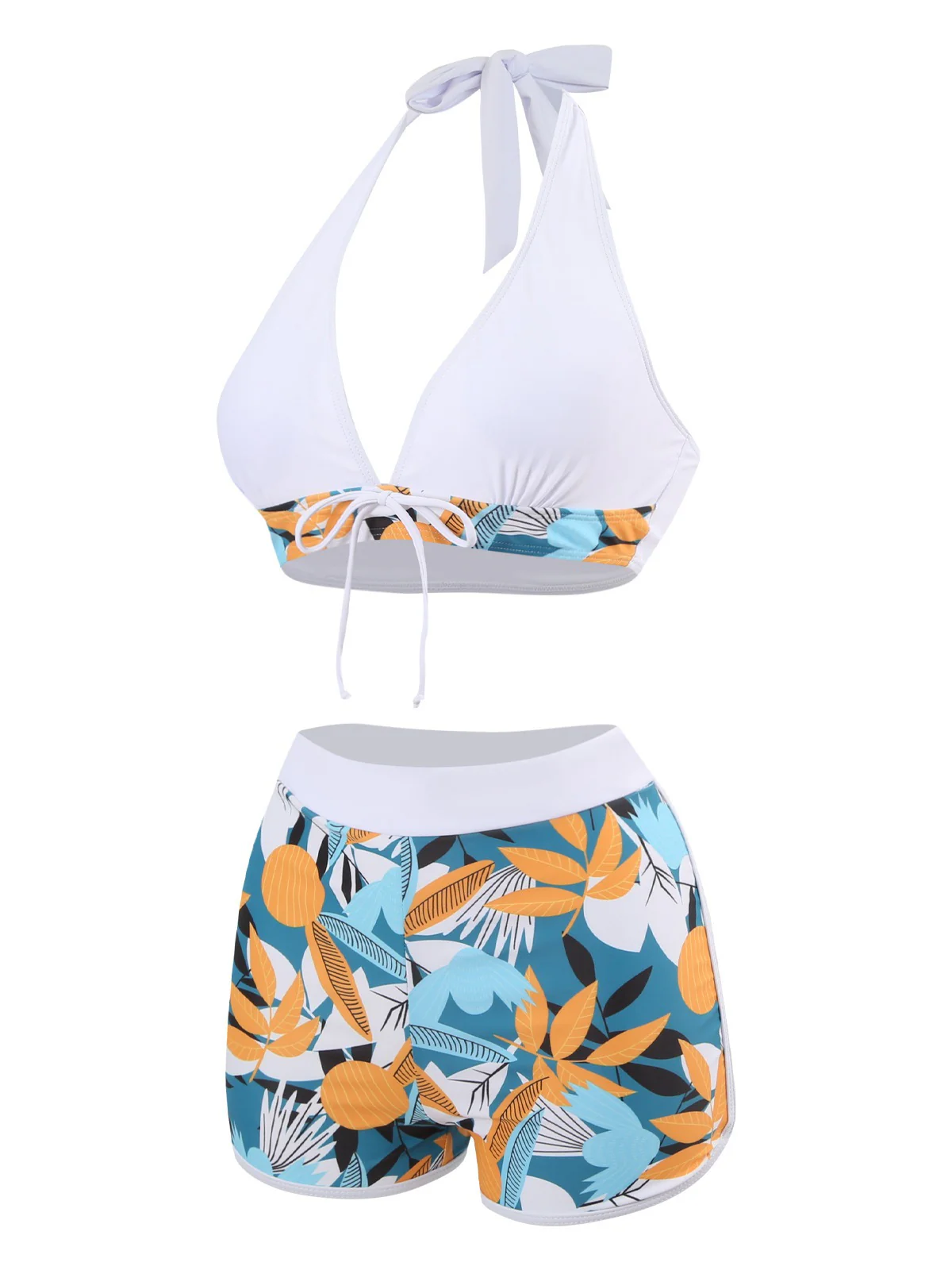 V-Neck Tropical Plants Halter Swimsuit