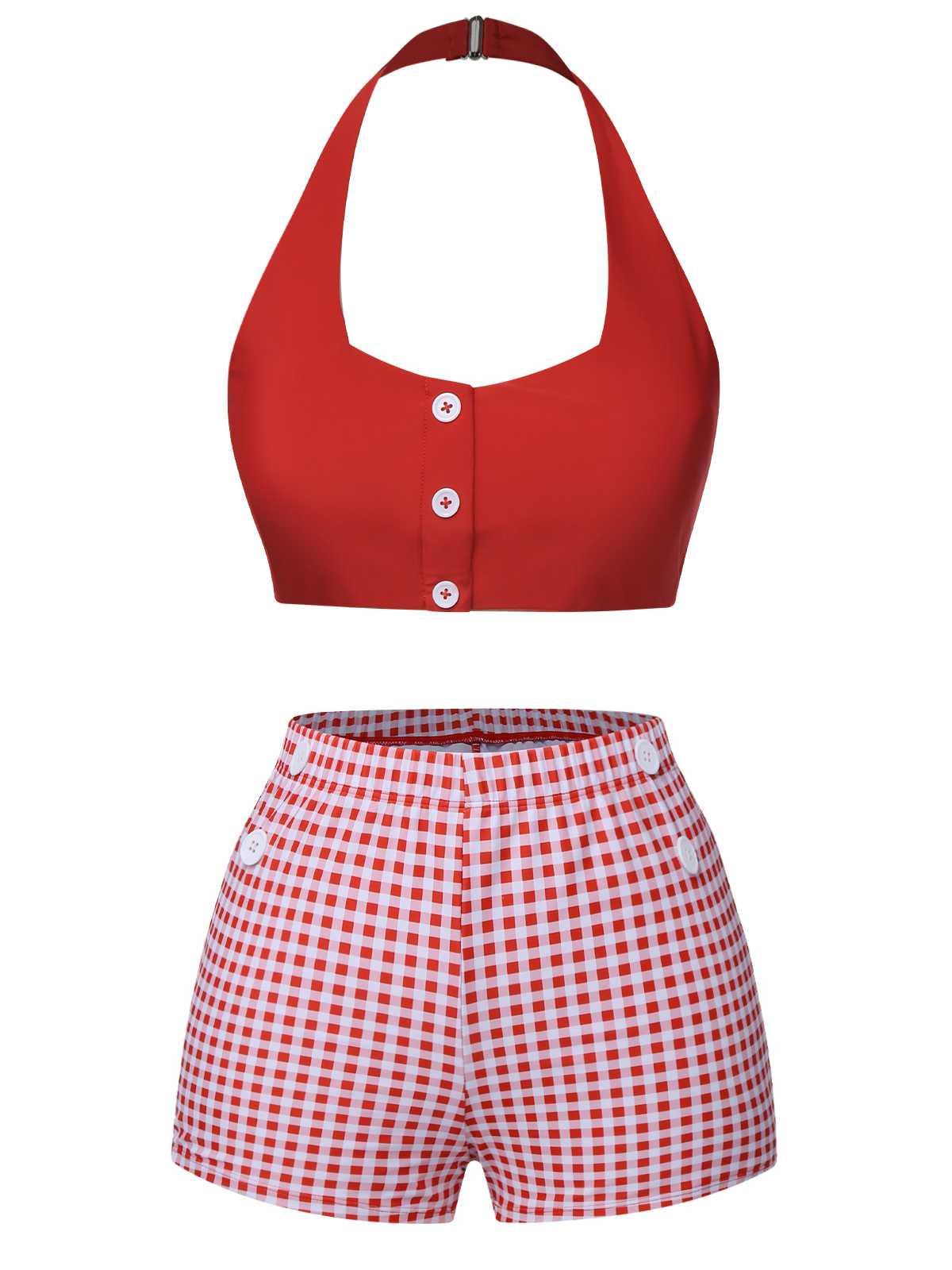Red Halter Plaids Swimsuit