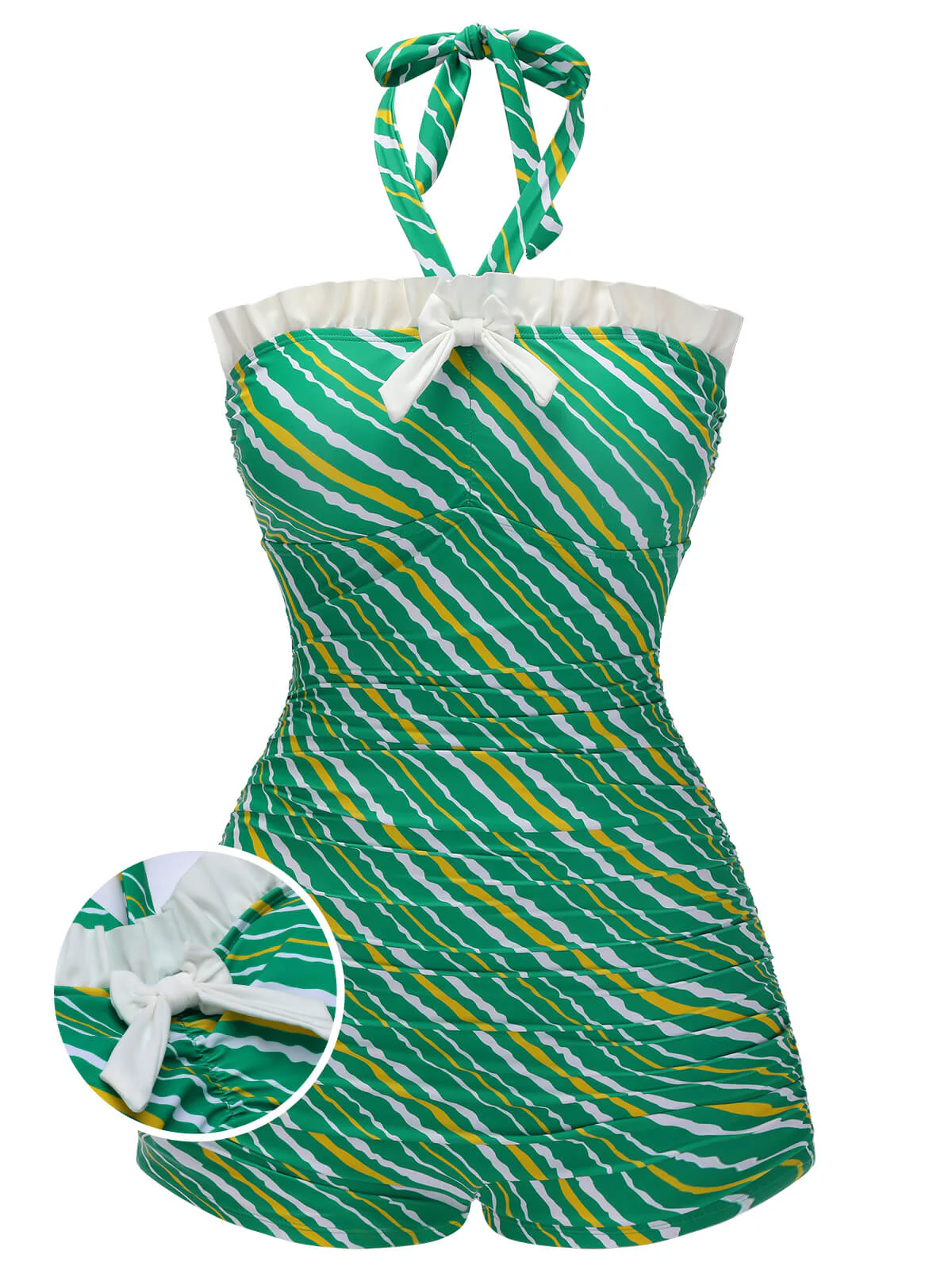 Green Stripe Off-Shoulder Halter Swimsuit